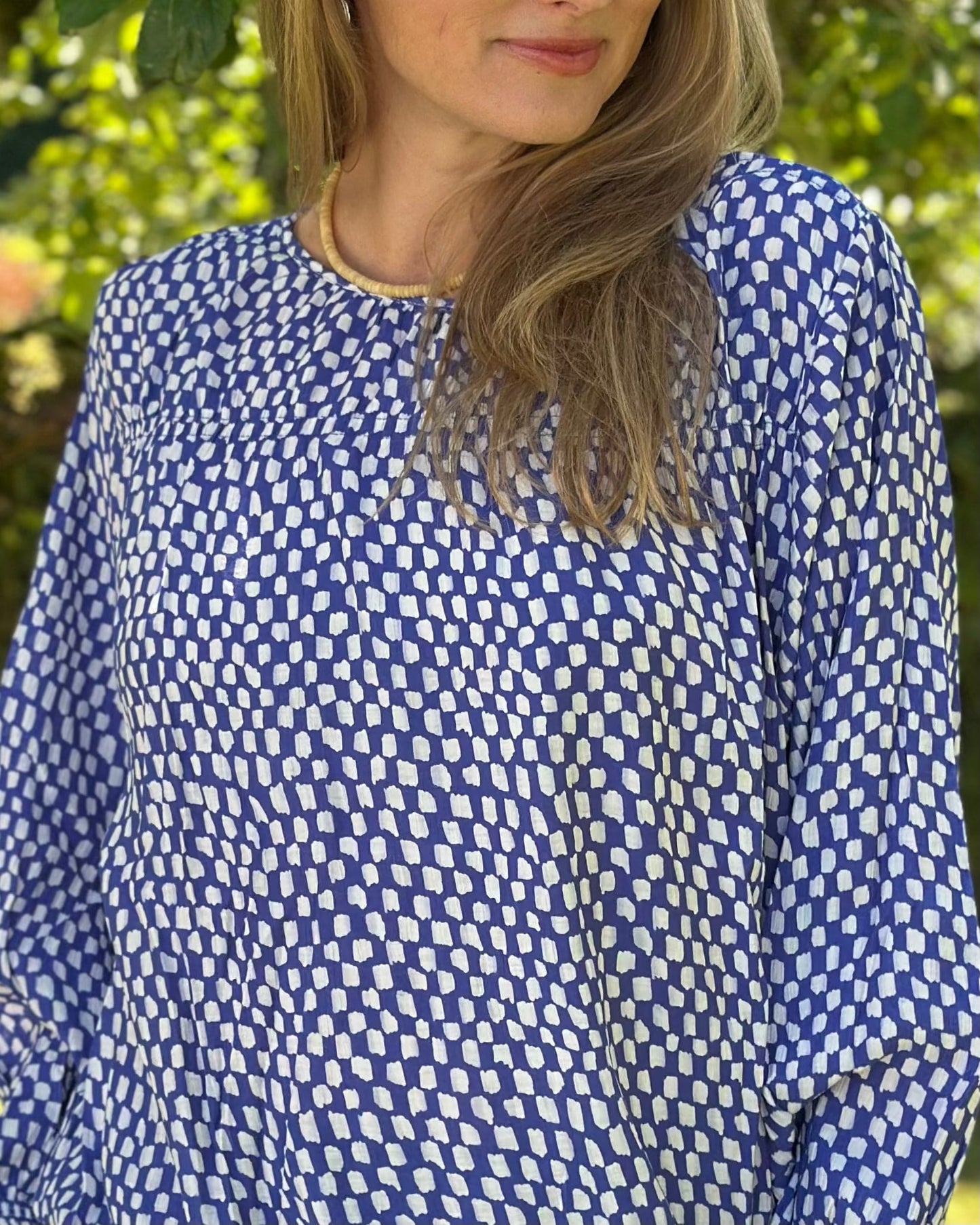 Clothing Geo Spot Drawstring Hem Blouse - Blue/White