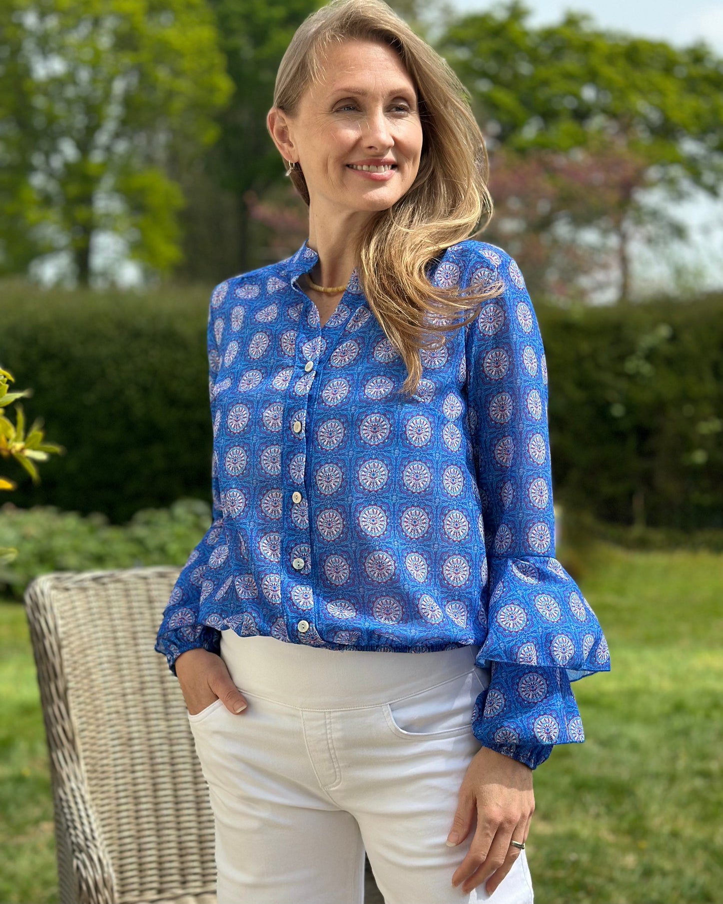 clothing Geometric Print Spanish Sleeve Blouse - Cobalt Blue