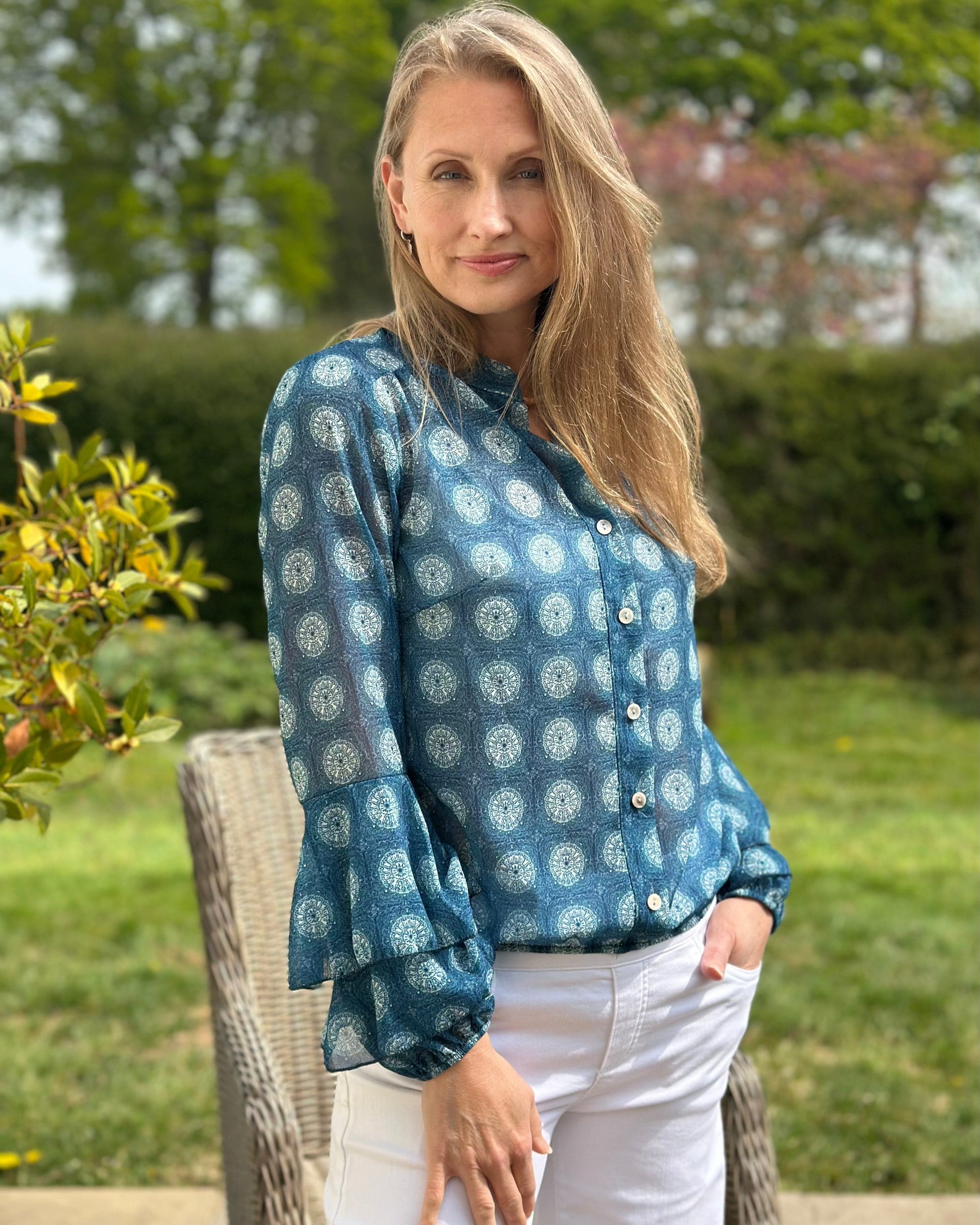 clothing Geometric Print Spanish Sleeve Blouse - Teal