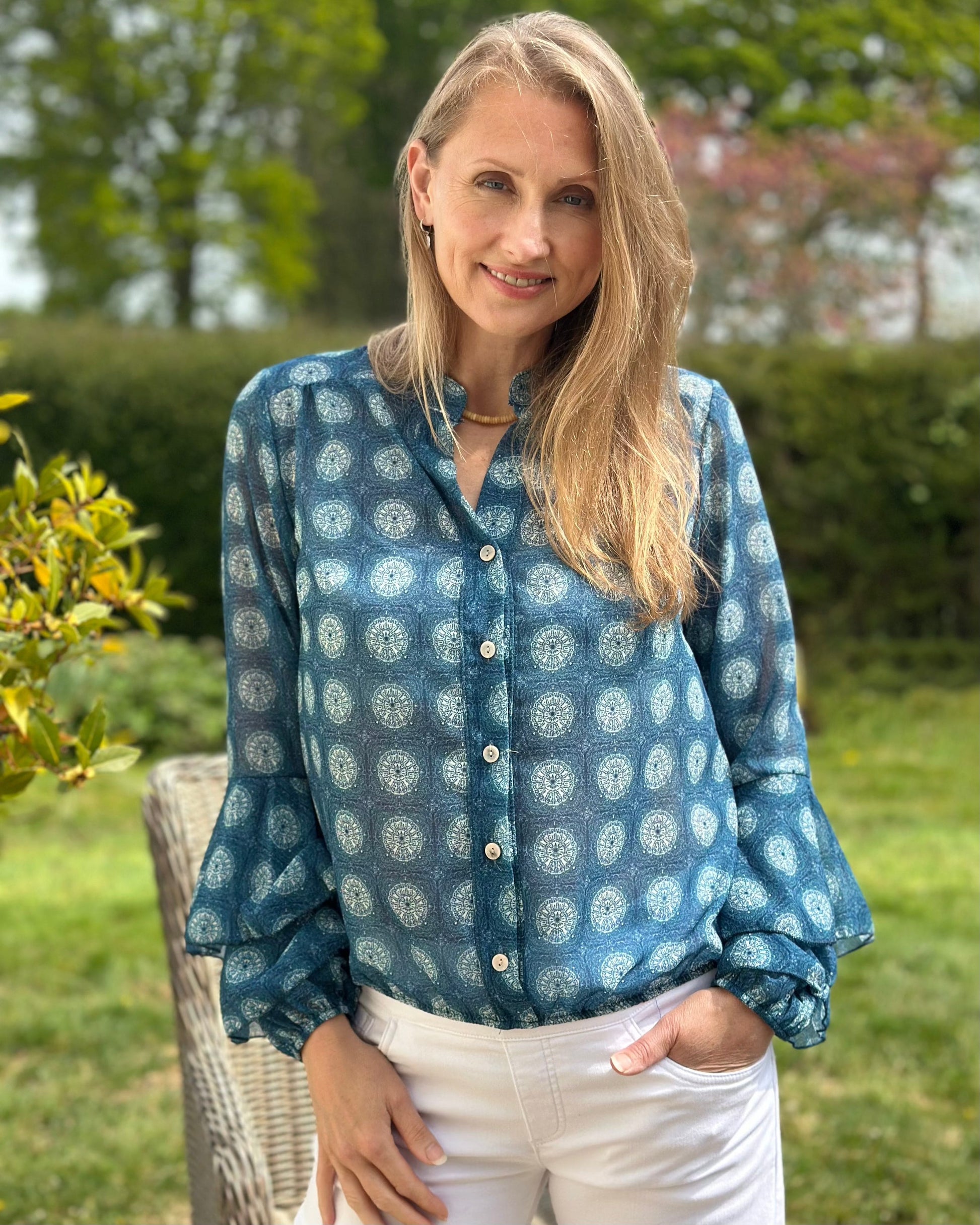 clothing Geometric Print Spanish Sleeve Blouse - Teal