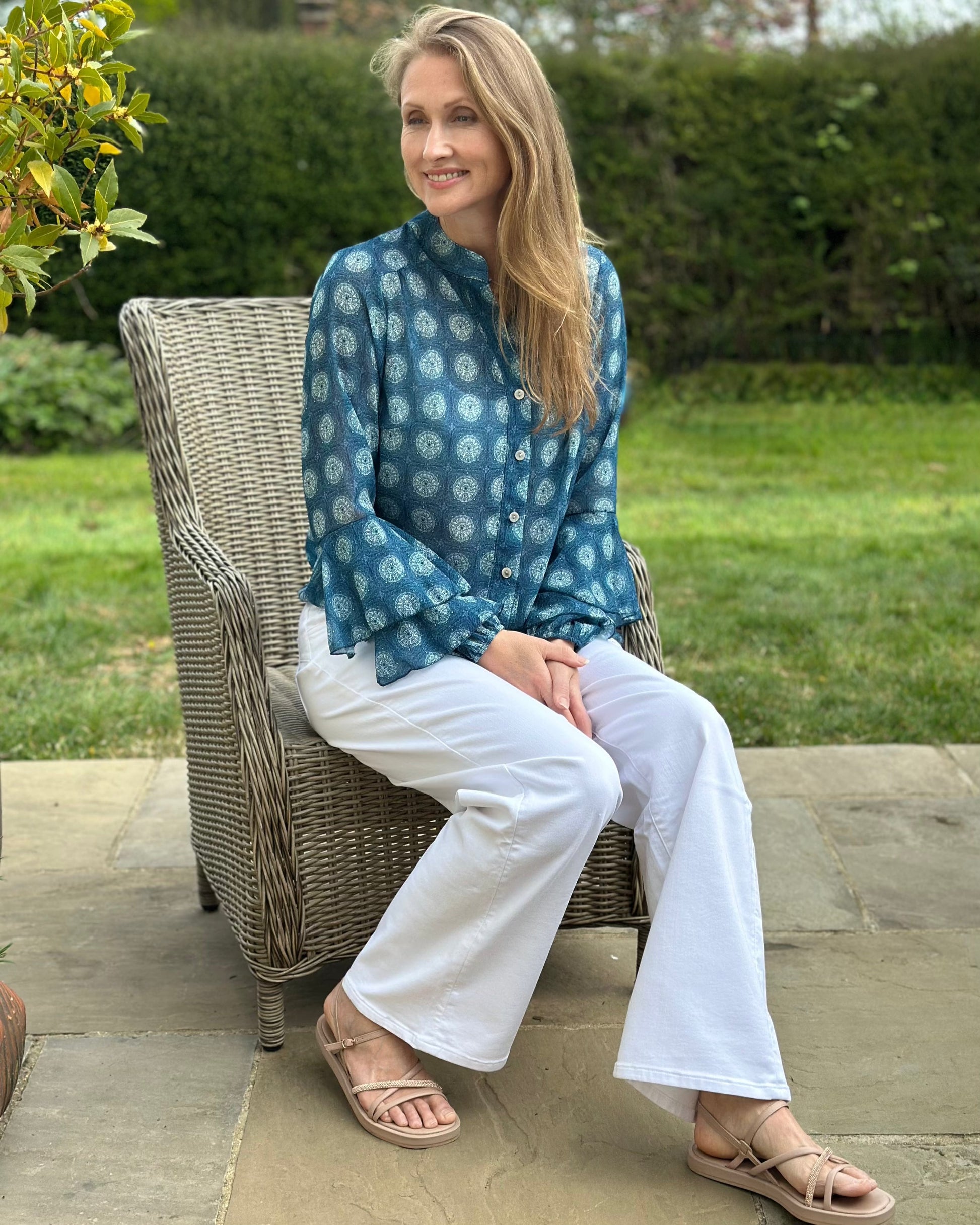 clothing Geometric Print Spanish Sleeve Blouse - Teal