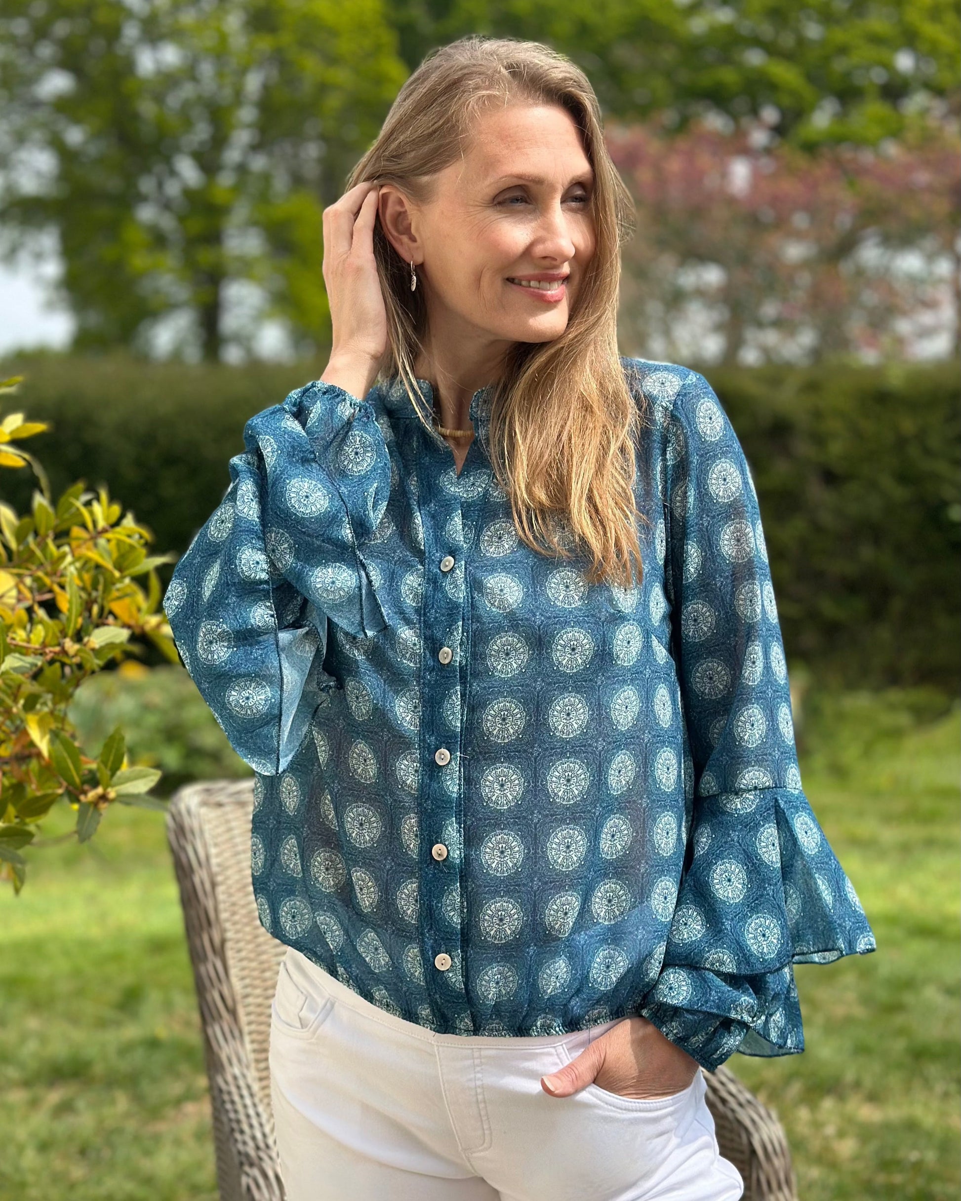 clothing Geometric Print Spanish Sleeve Blouse - Teal