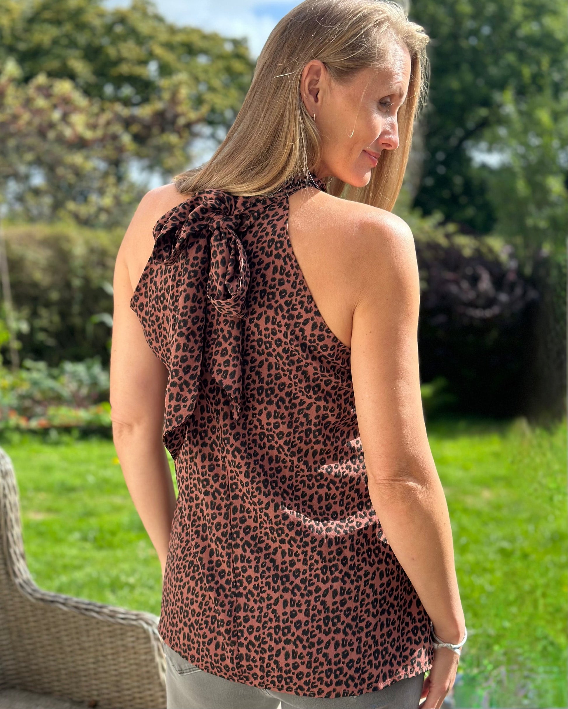 Clothing Halter Neck Tie Back Top - Leopard Print Rust