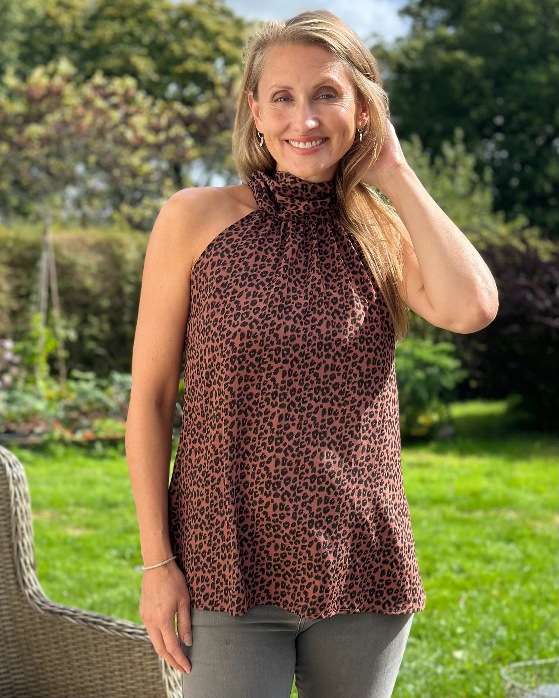 Clothing Halter Neck Tie Back Top - Leopard Print Rust