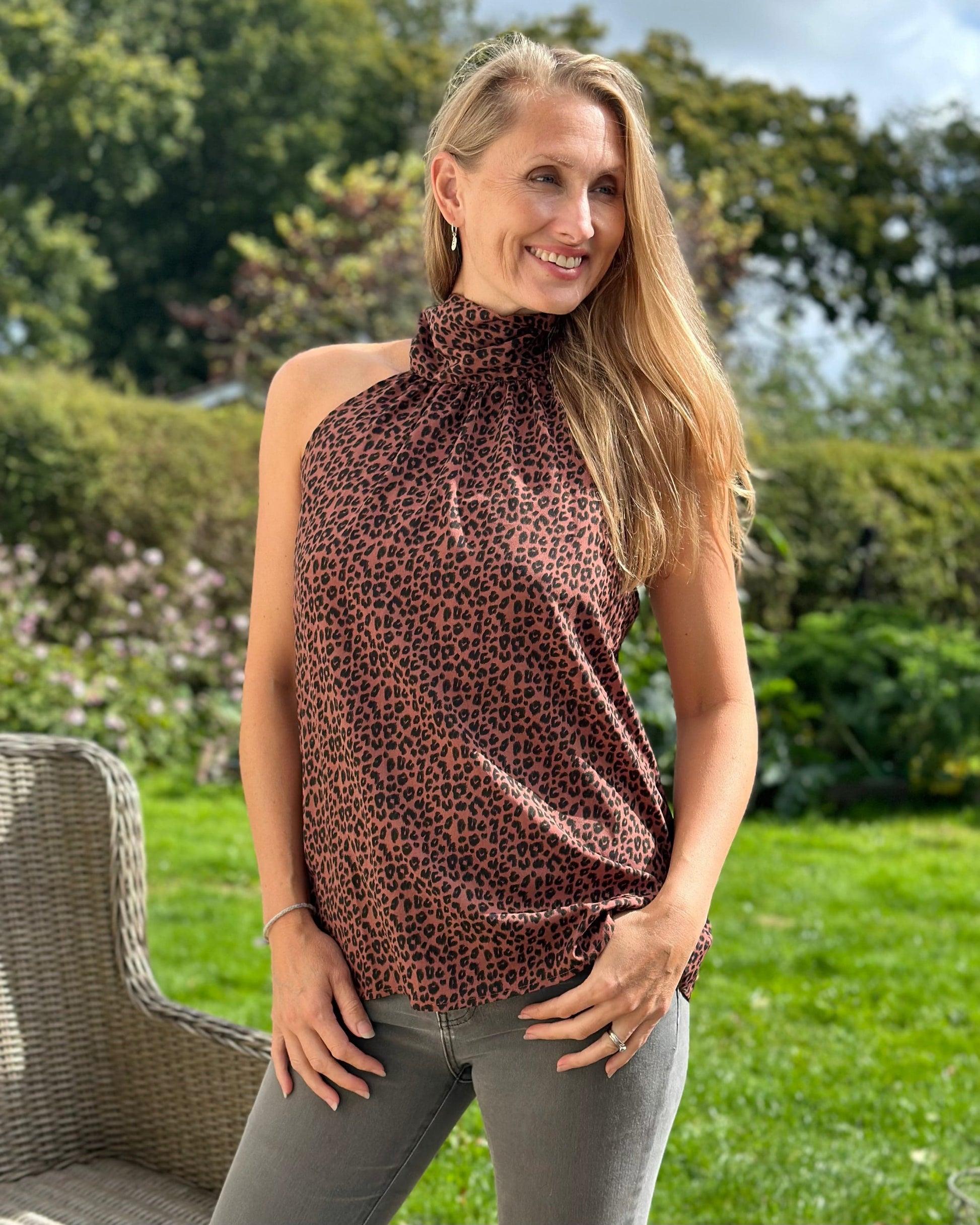 Clothing Halter Neck Tie Back Top - Leopard Print Rust