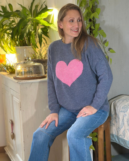 clothing Heart Motive Jumper - Denim/Pink