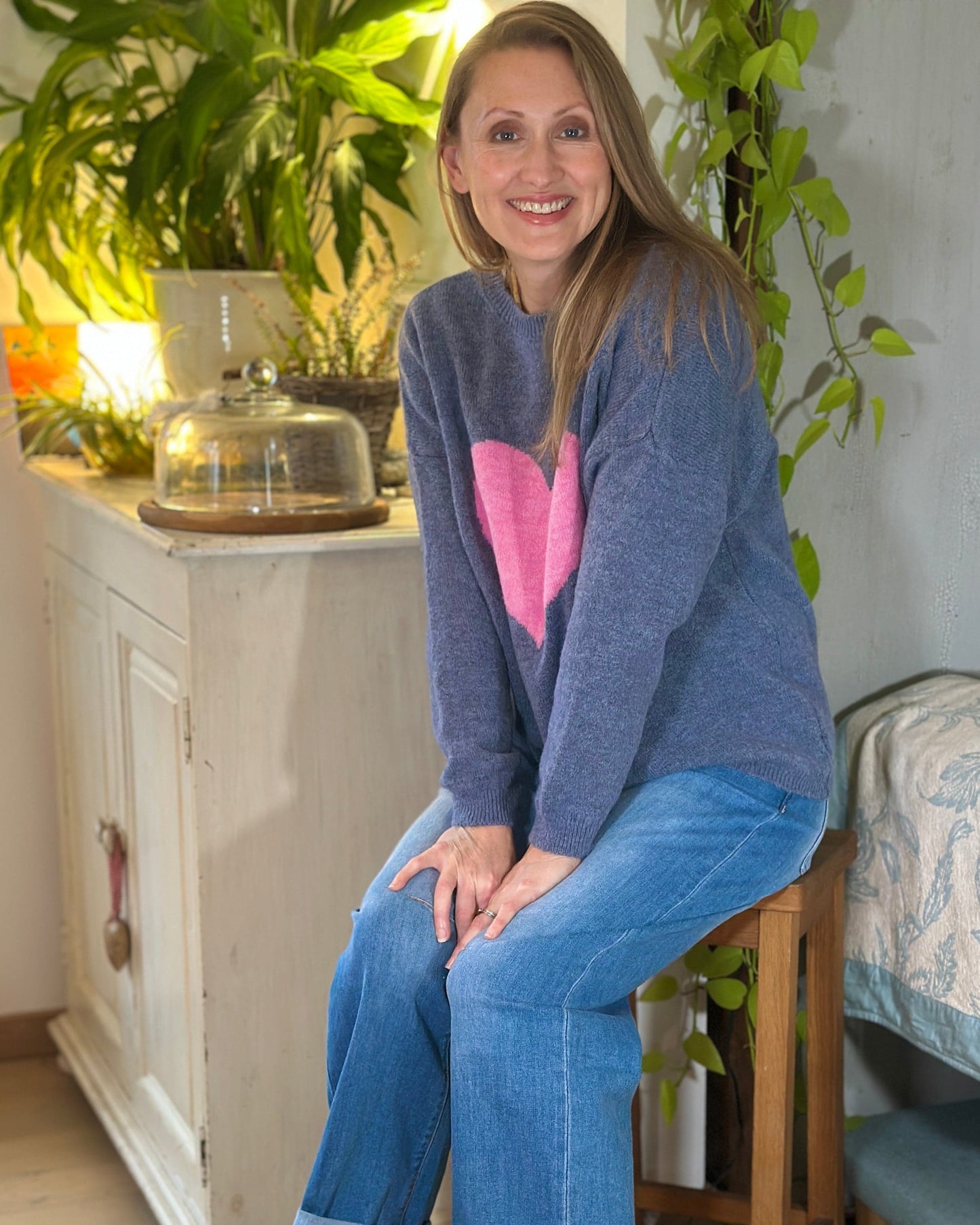 clothing Heart Motive Jumper - Denim/Pink