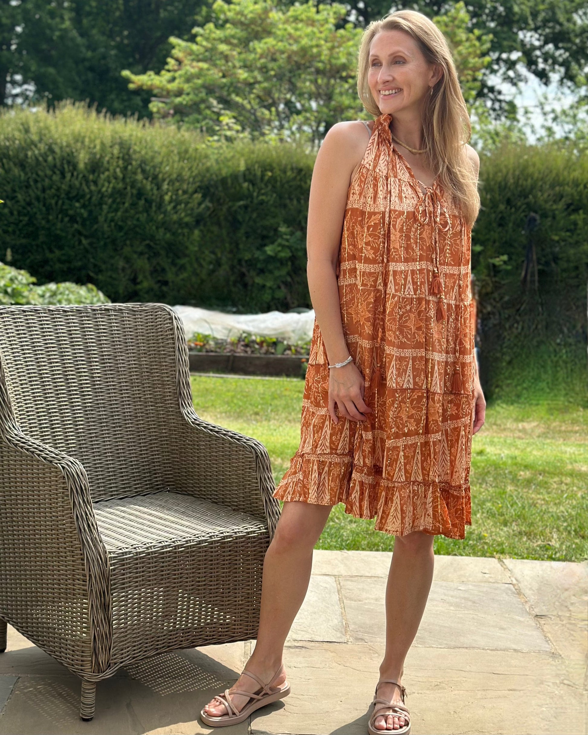 clothing High Neck Tassel Dress - Rust/Burnt Orange