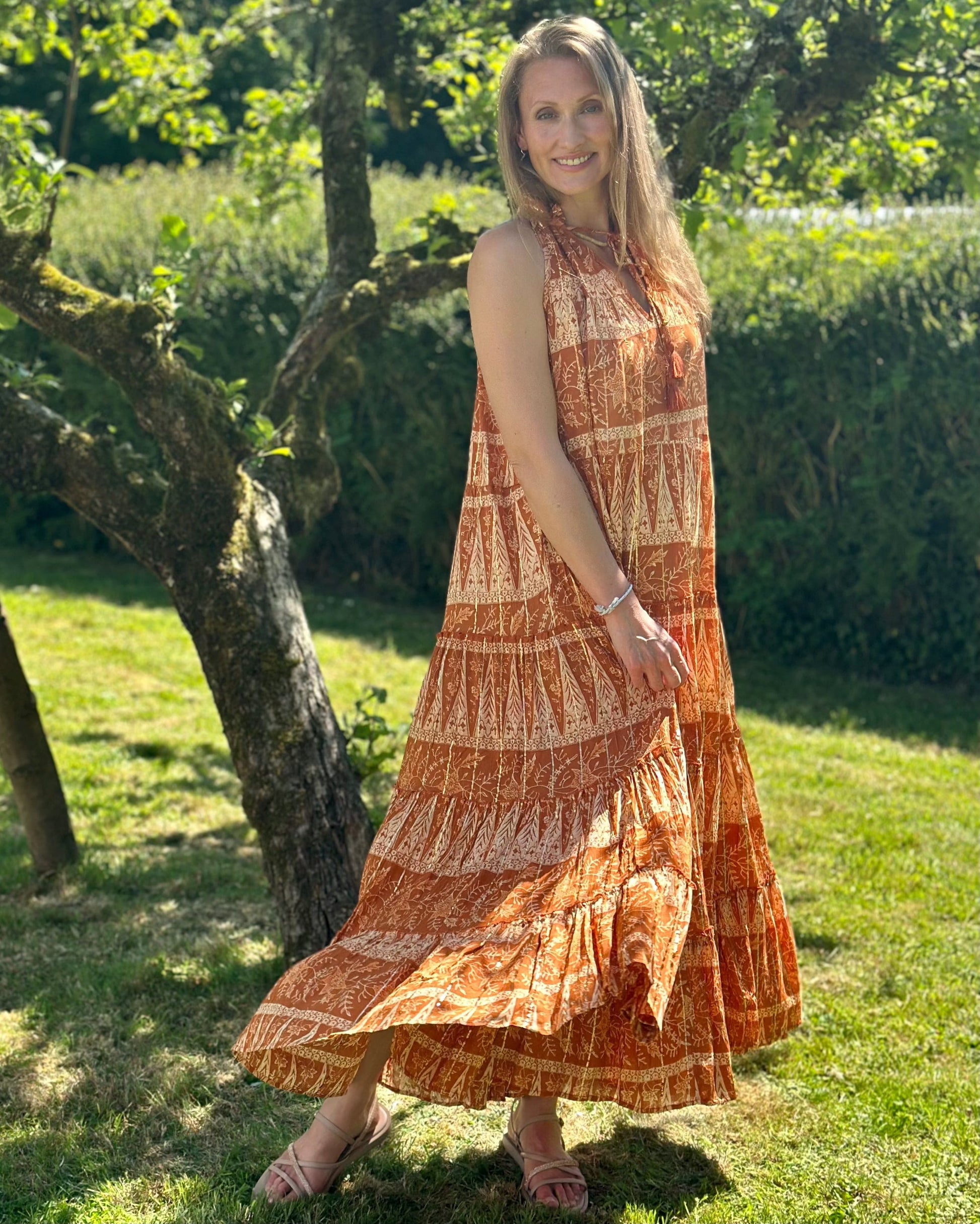 clothing High Neck Tassel Maxi Dress - Rust/Burnt Orange