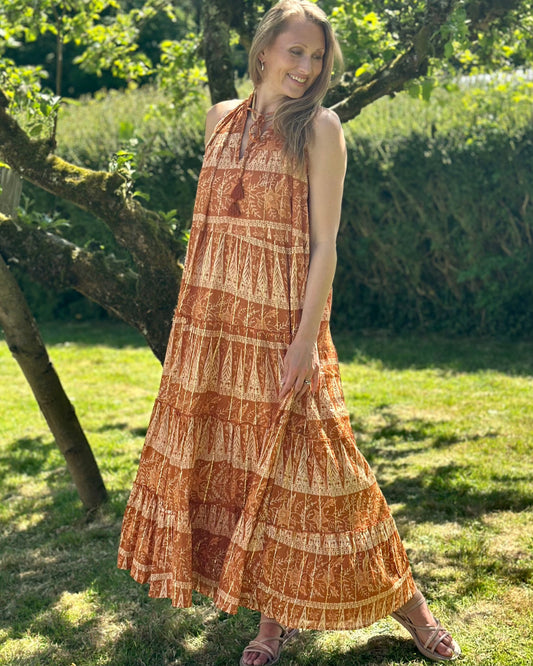clothing High Neck Tassel Maxi Dress - Rust/Burnt Orange