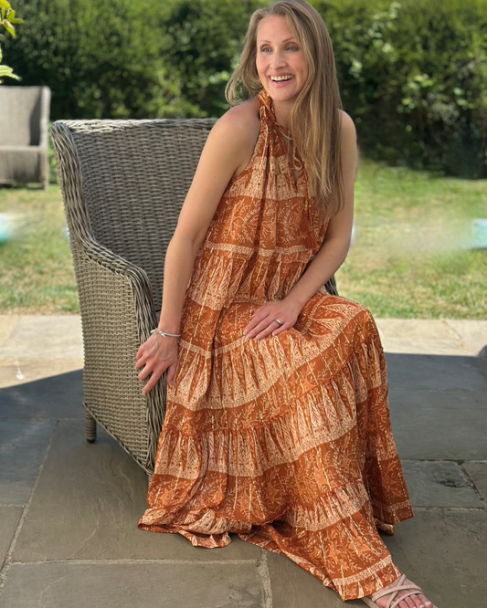 clothing High Neck Tassel Maxi Dress - Rust/Burnt Orange