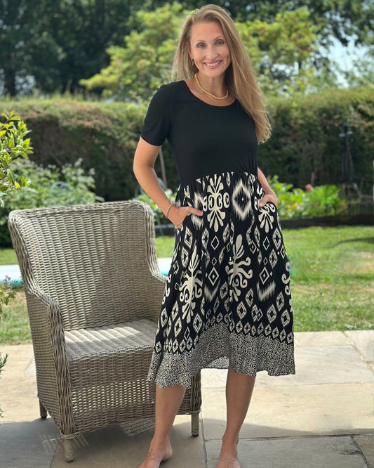 Clothing Jersey Stretch Top With Ikat Print Skirt - Black