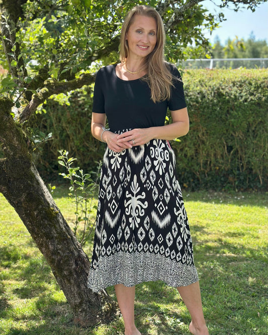 Clothing Jersey Stretch Top With Ikat Print Skirt - Black