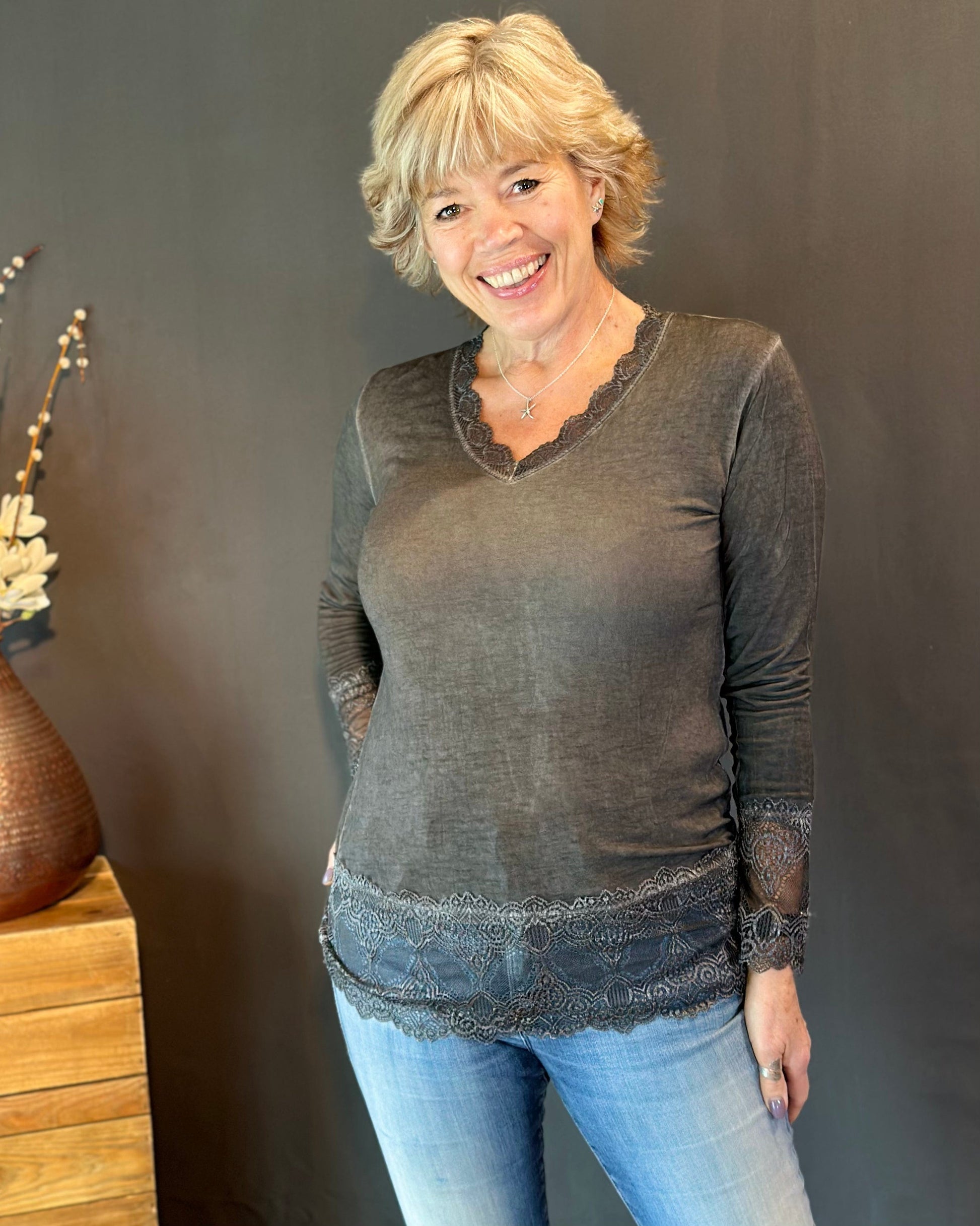 clothing Lace Detail Long Sleeved Top - Charcoal Grey