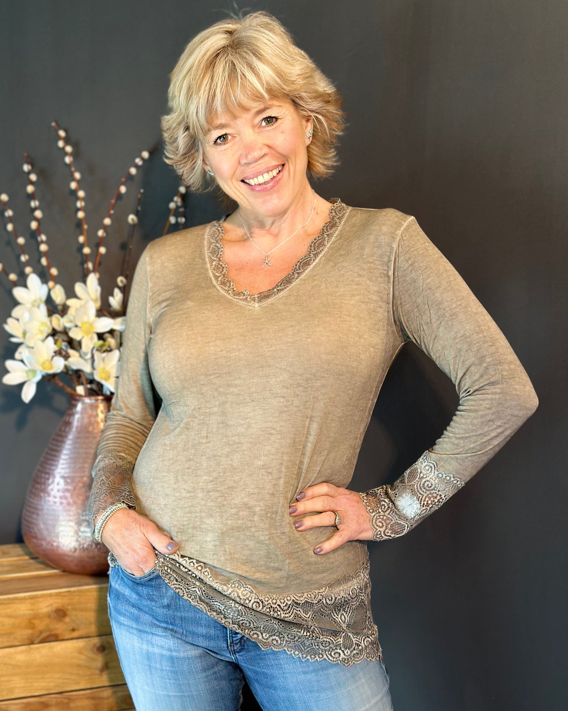 clothing Lace Detail Long Sleeved Top - Mocha