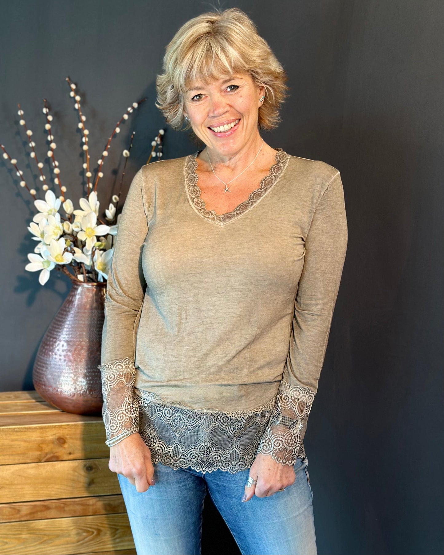 clothing Lace Detail Long Sleeved Top - Mocha