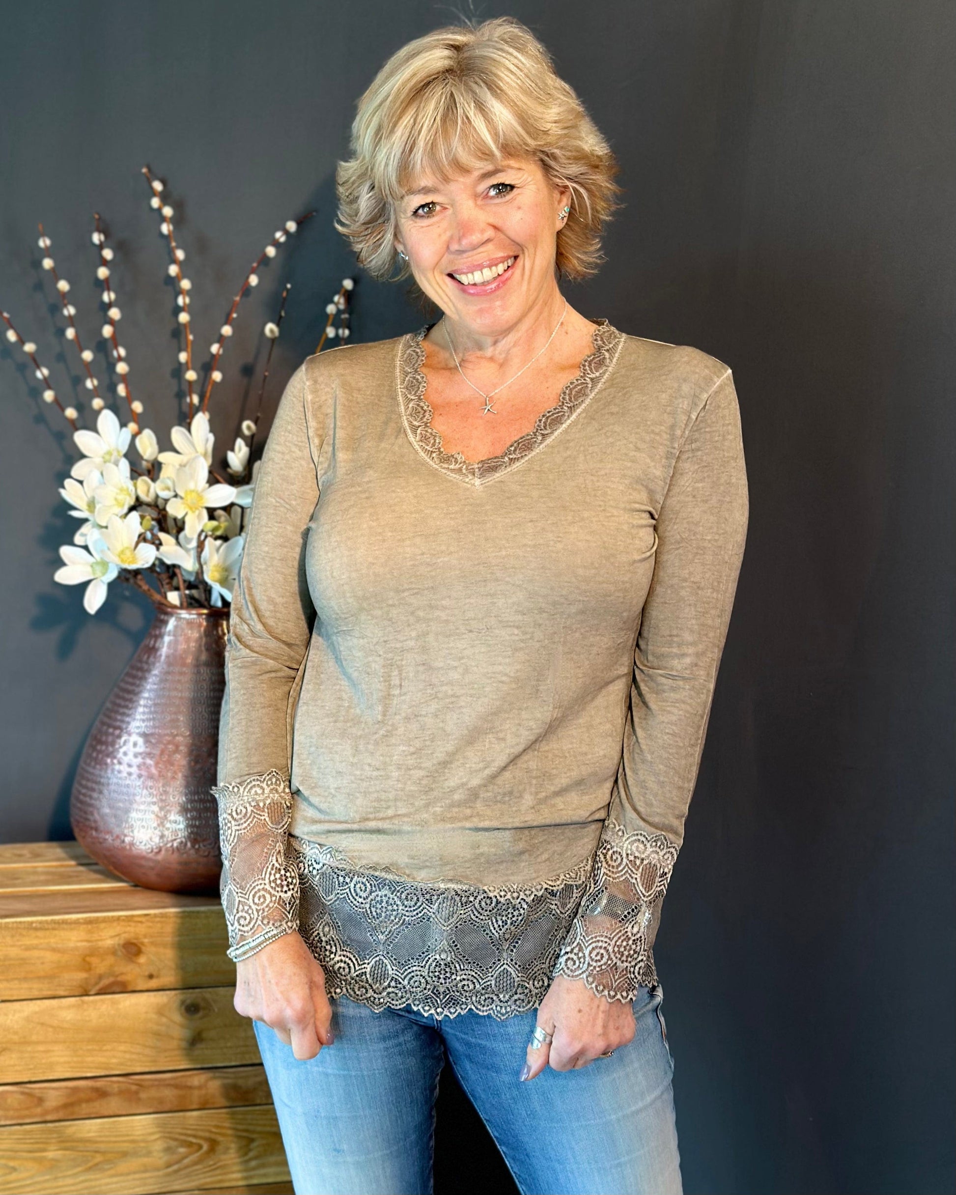 clothing Lace Detail Long Sleeved Top - Mocha