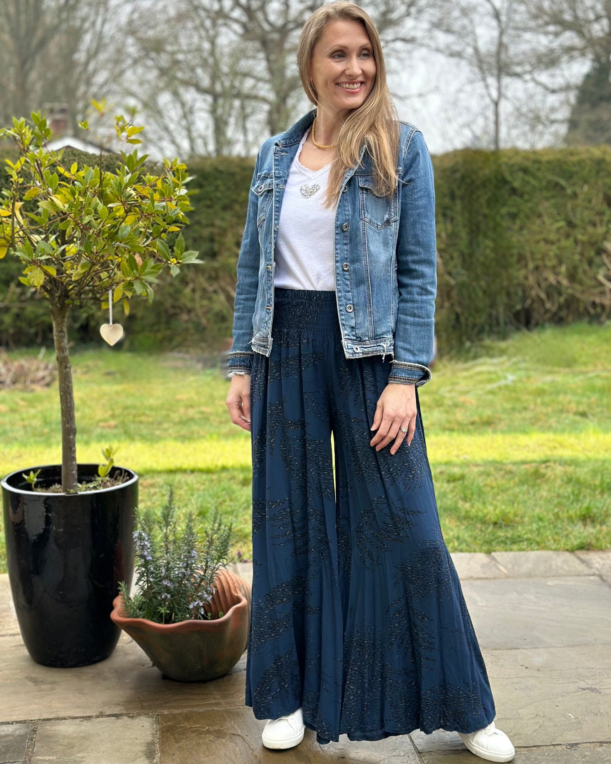 clothing Leaf Pattern Palazzo Trousers - Navy