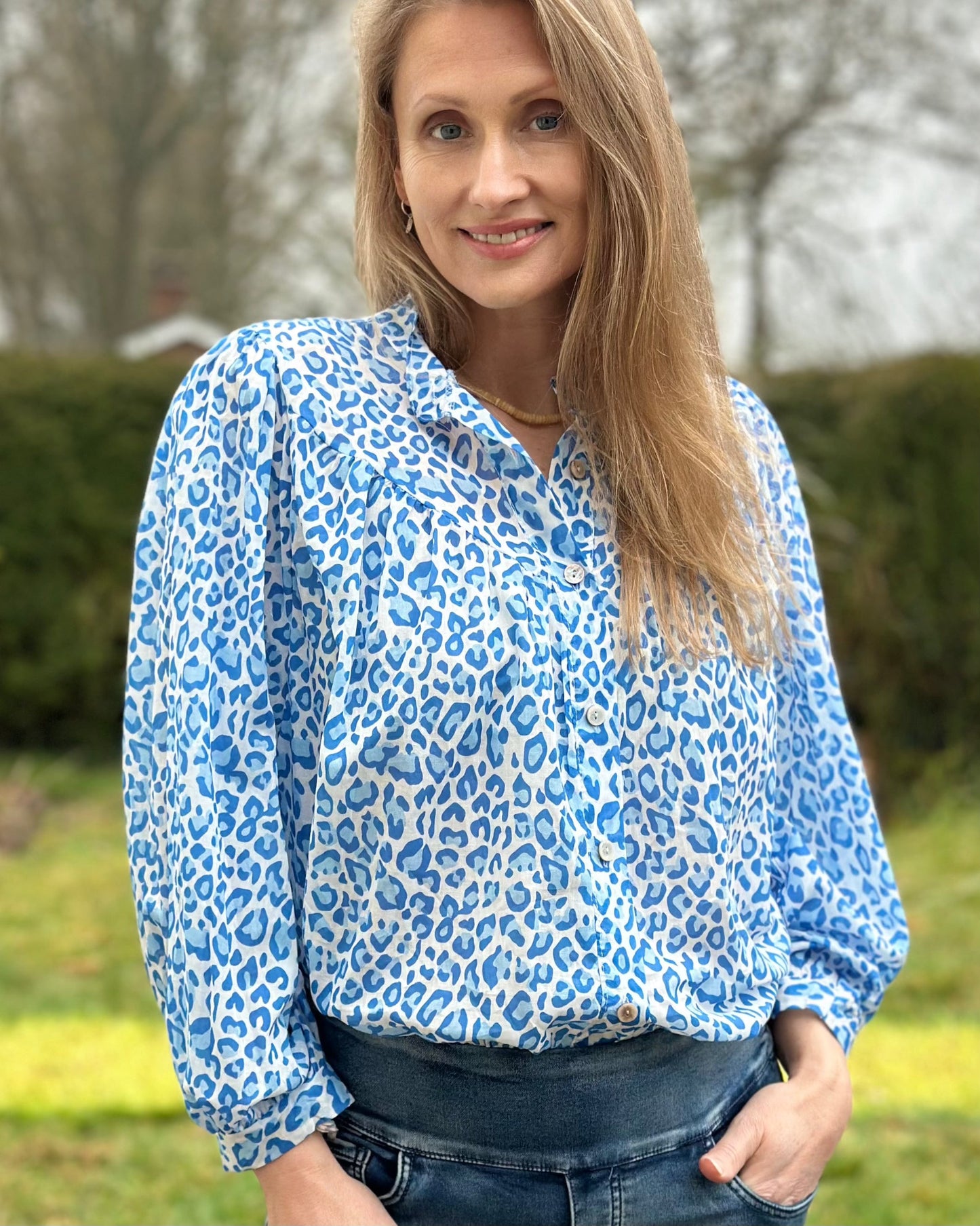 clothing Leopard Print Cotton Blouse - Blue