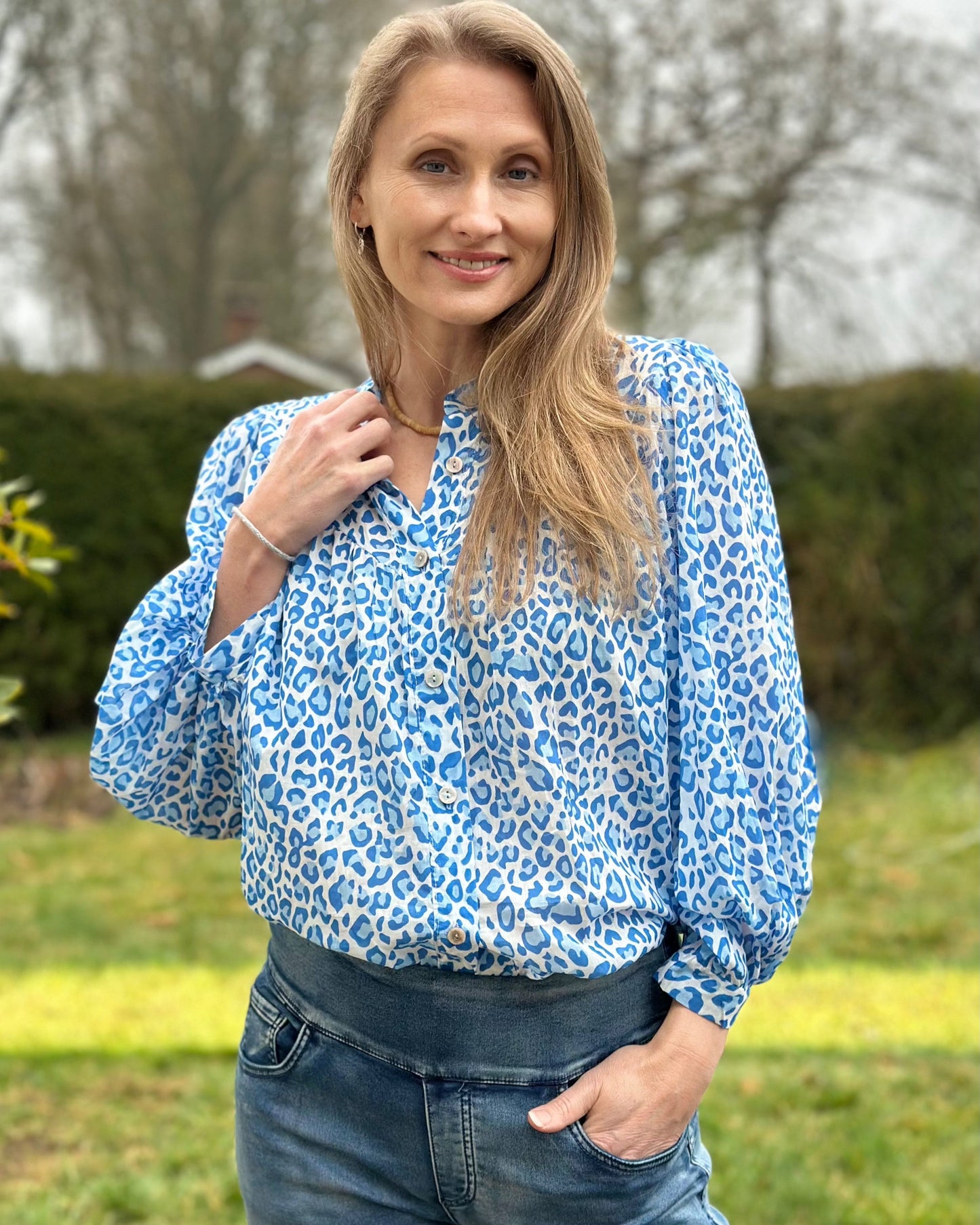 clothing Leopard Print Cotton Blouse - Blue