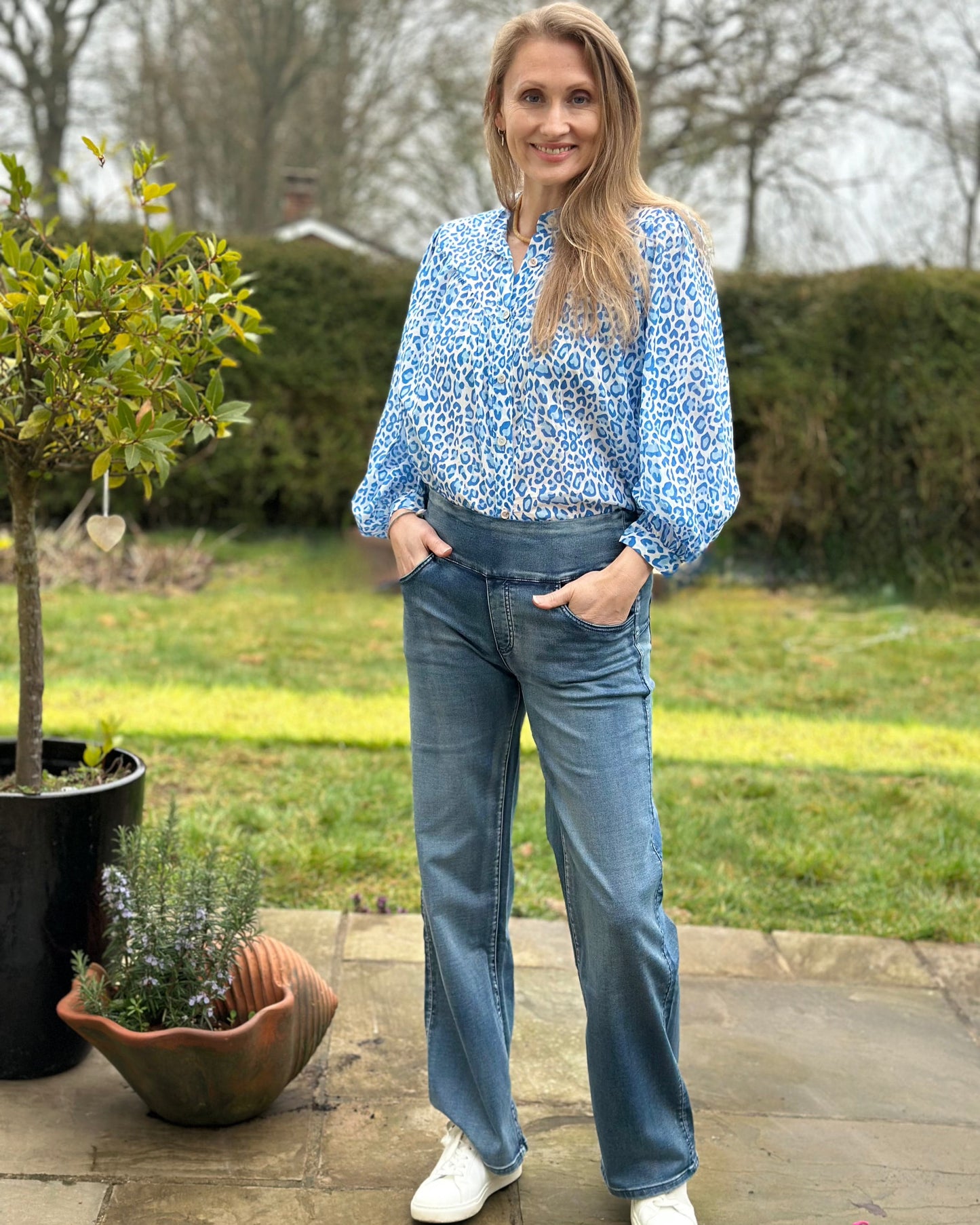 clothing Leopard Print Cotton Blouse - Blue