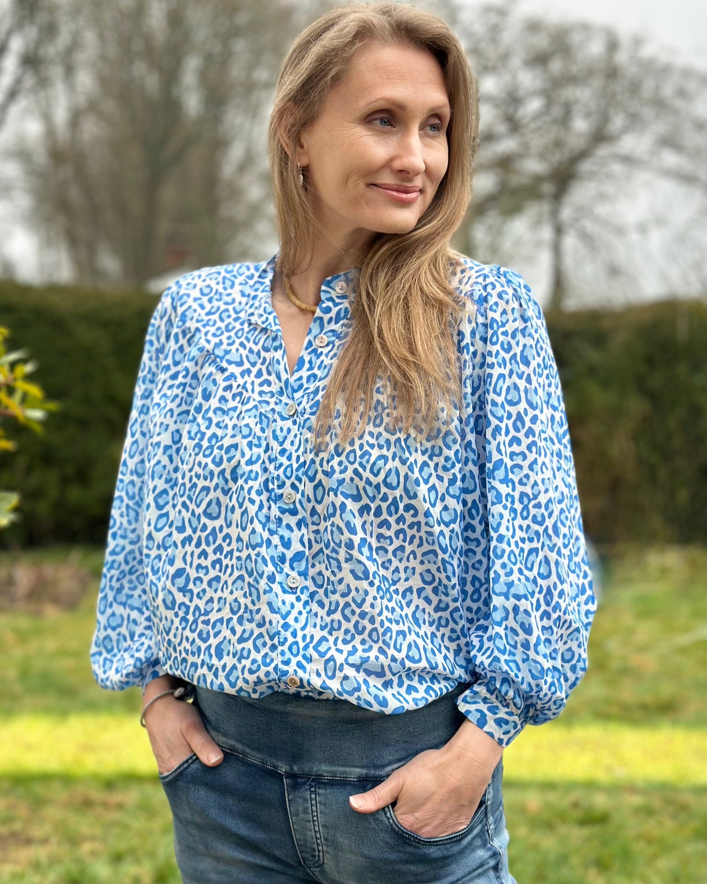 clothing Leopard Print Cotton Blouse - Blue