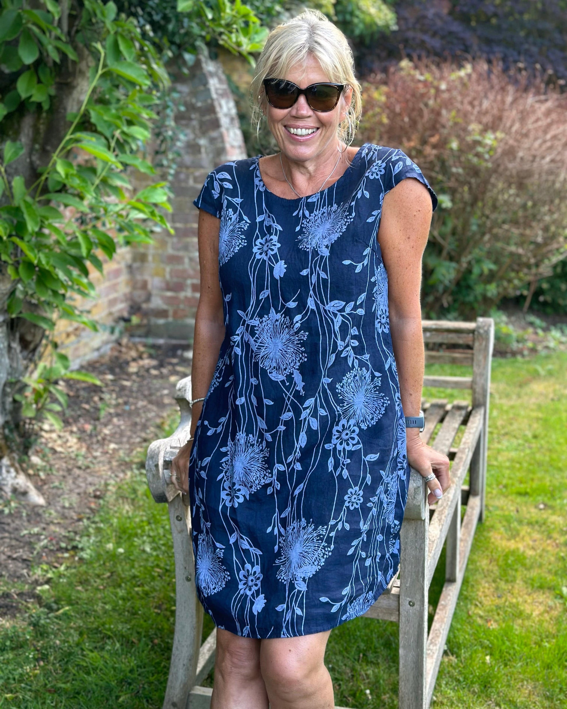 clothing Linen Dress - Dandelion Print Navy