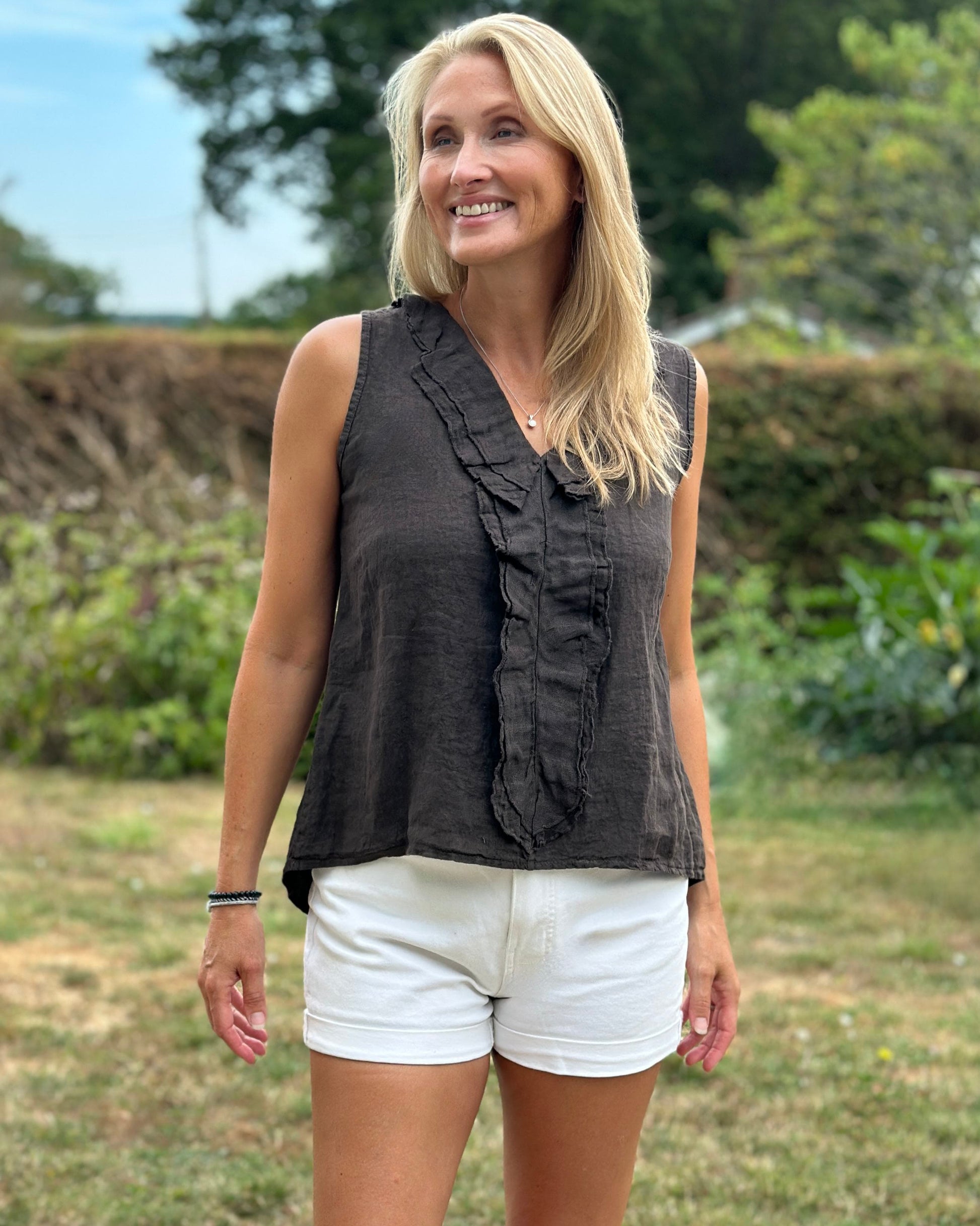 Clothing Linen Frill Top - Dark Chocolate