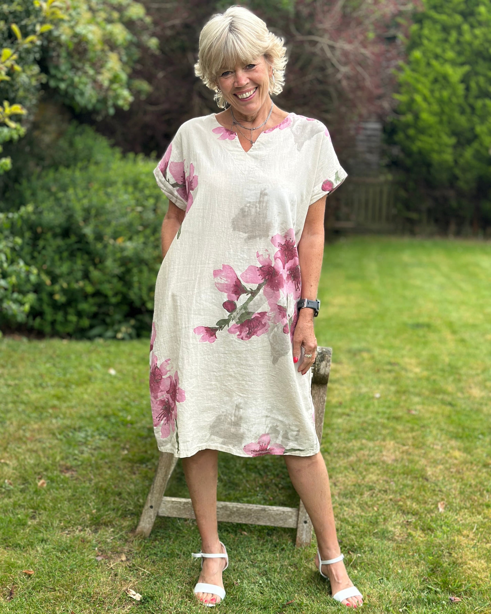 clothing Linen Mix Floral Dress - Cream