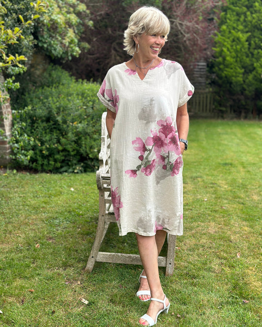 clothing Linen Mix Floral Dress - Cream