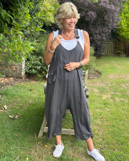 clothing Linen Pocket Dungarees - Charcoal