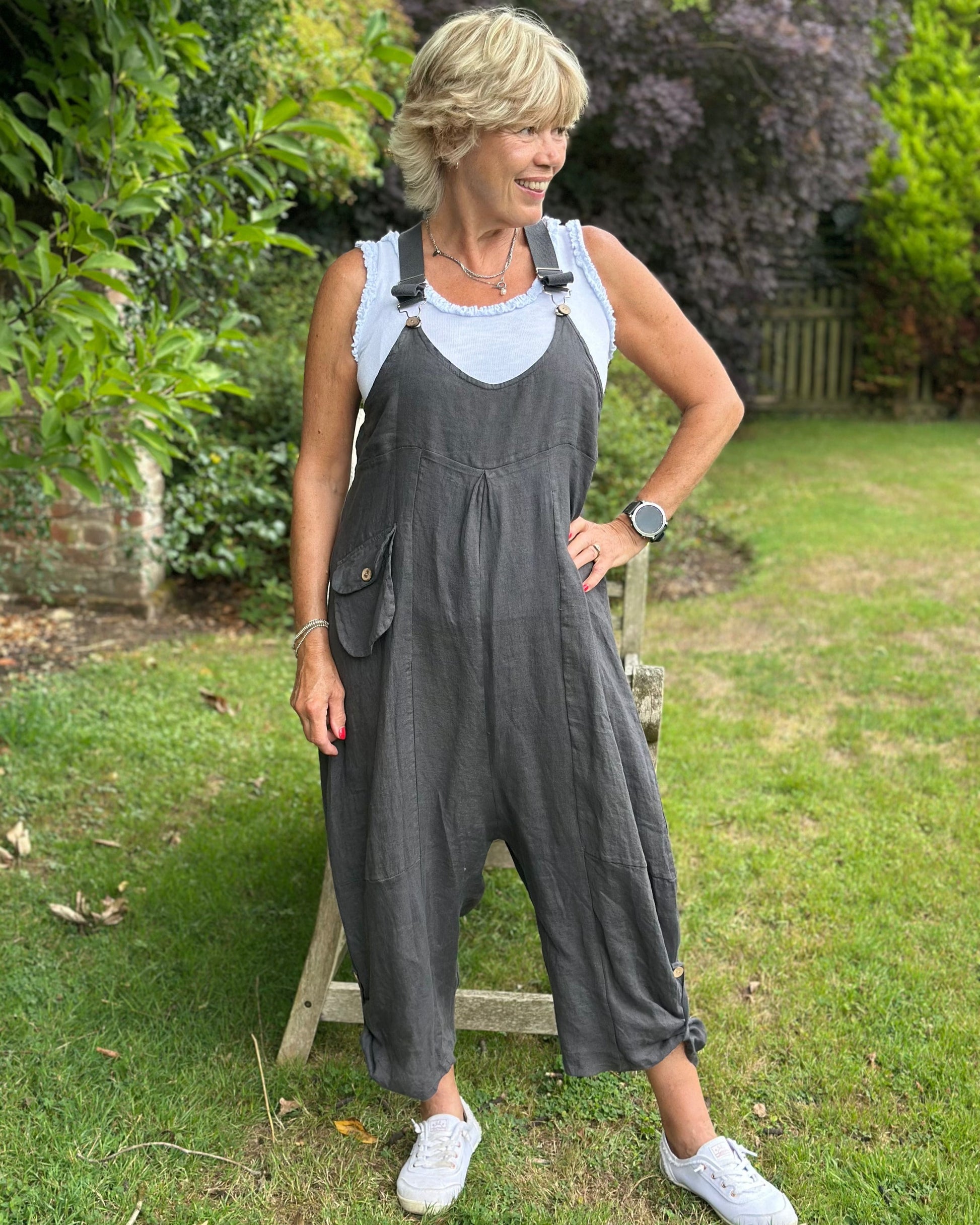 clothing Linen Pocket Dungarees - Charcoal