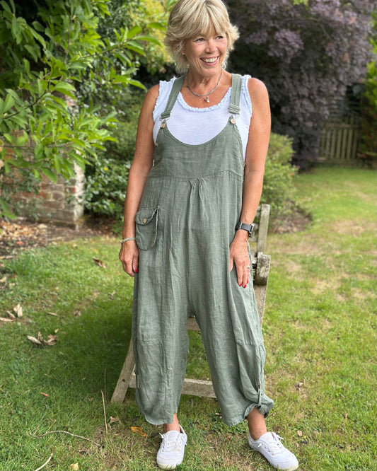 clothing Linen Pocket Dungarees - Khaki