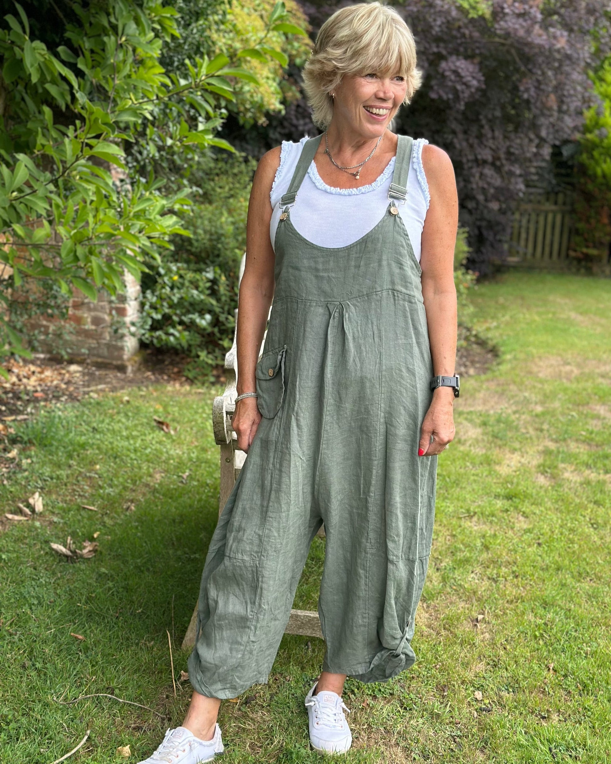 clothing Linen Pocket Dungarees - Khaki