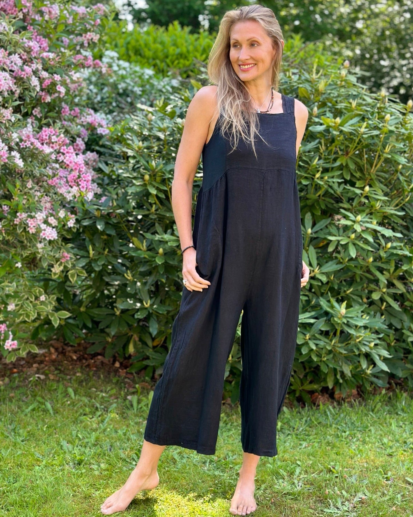 clothing Linen Zip Back Dungarees - Black