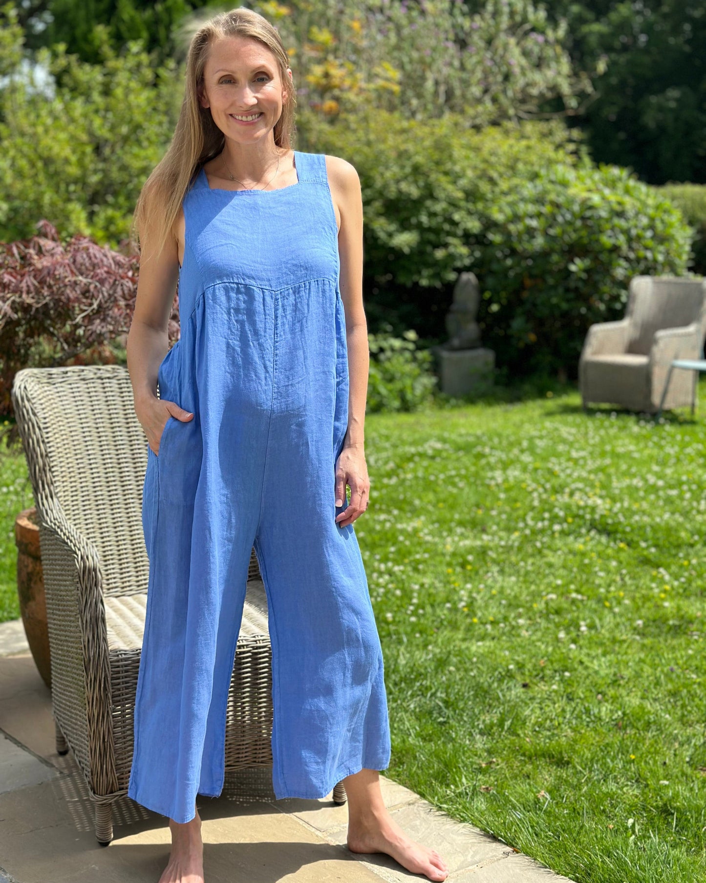 clothing Linen Zip Back Dungarees - Cornflower Blue