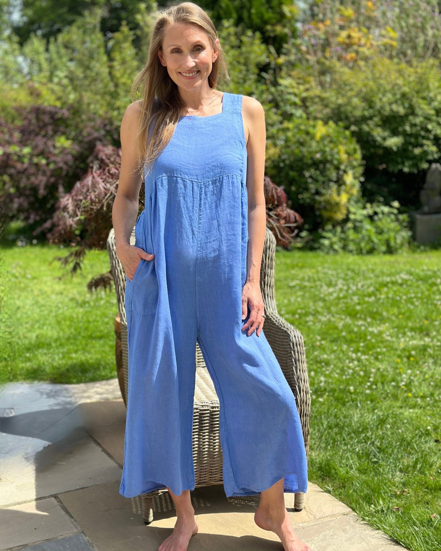 clothing Linen Zip Back Dungarees - Cornflower Blue