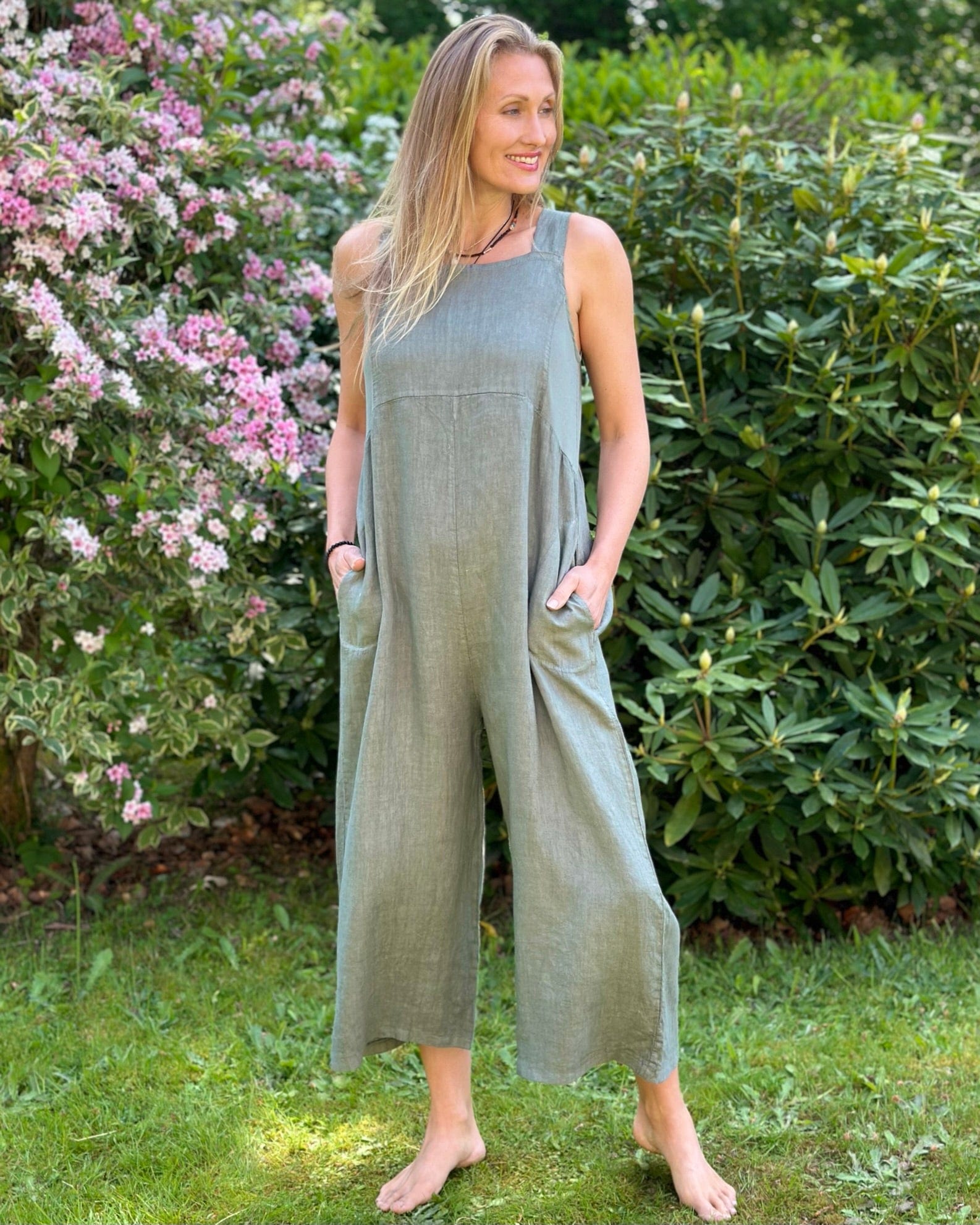 clothing Linen Zip Back Dungarees - Khaki