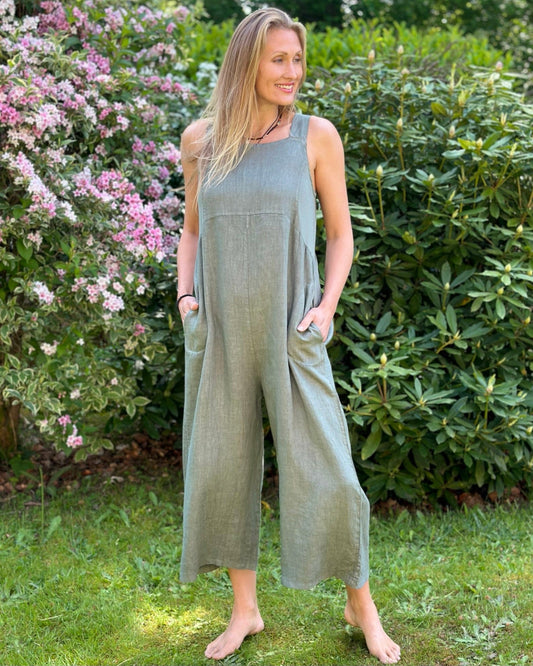 clothing Linen Zip Back Dungarees - Khaki