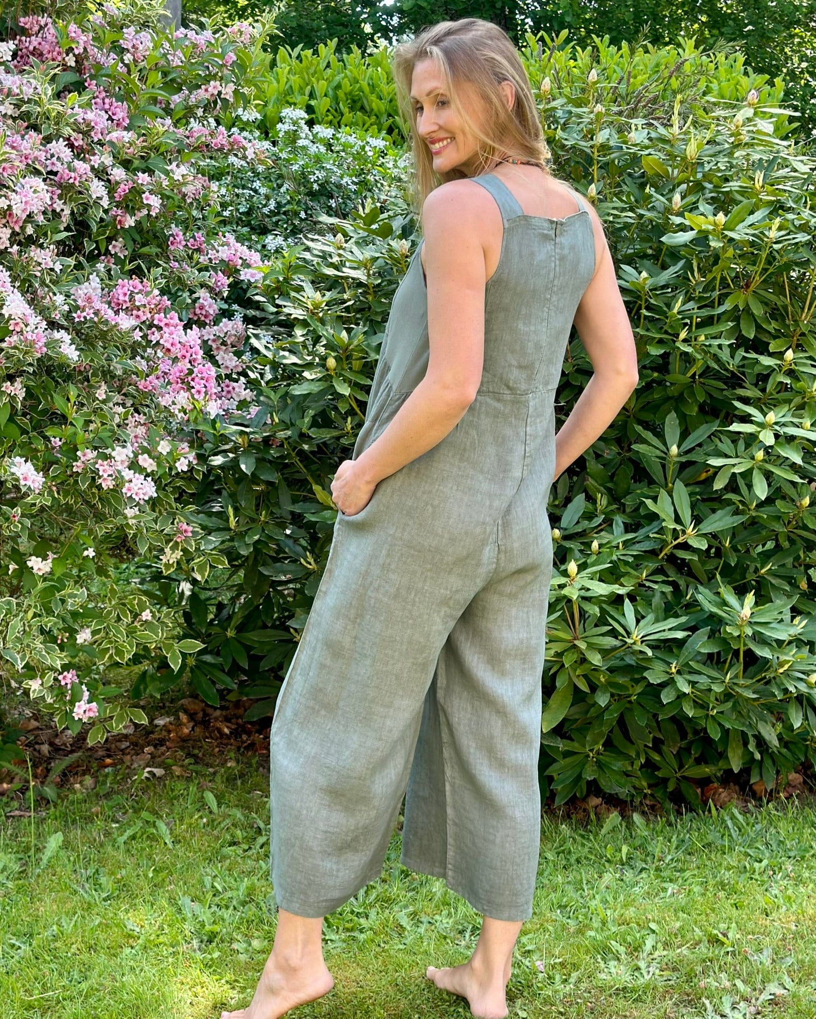 clothing Linen Zip Back Dungarees - Khaki