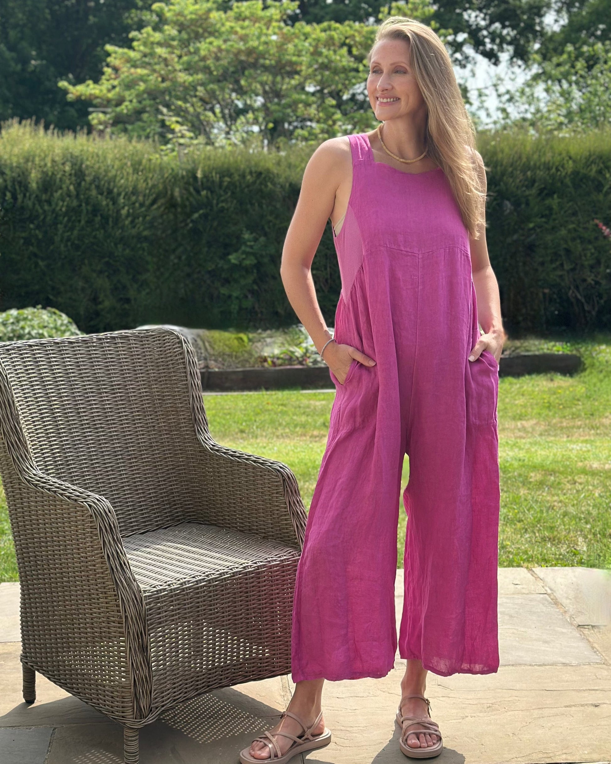 clothing Linen Zip Back Dungarees - Magenta