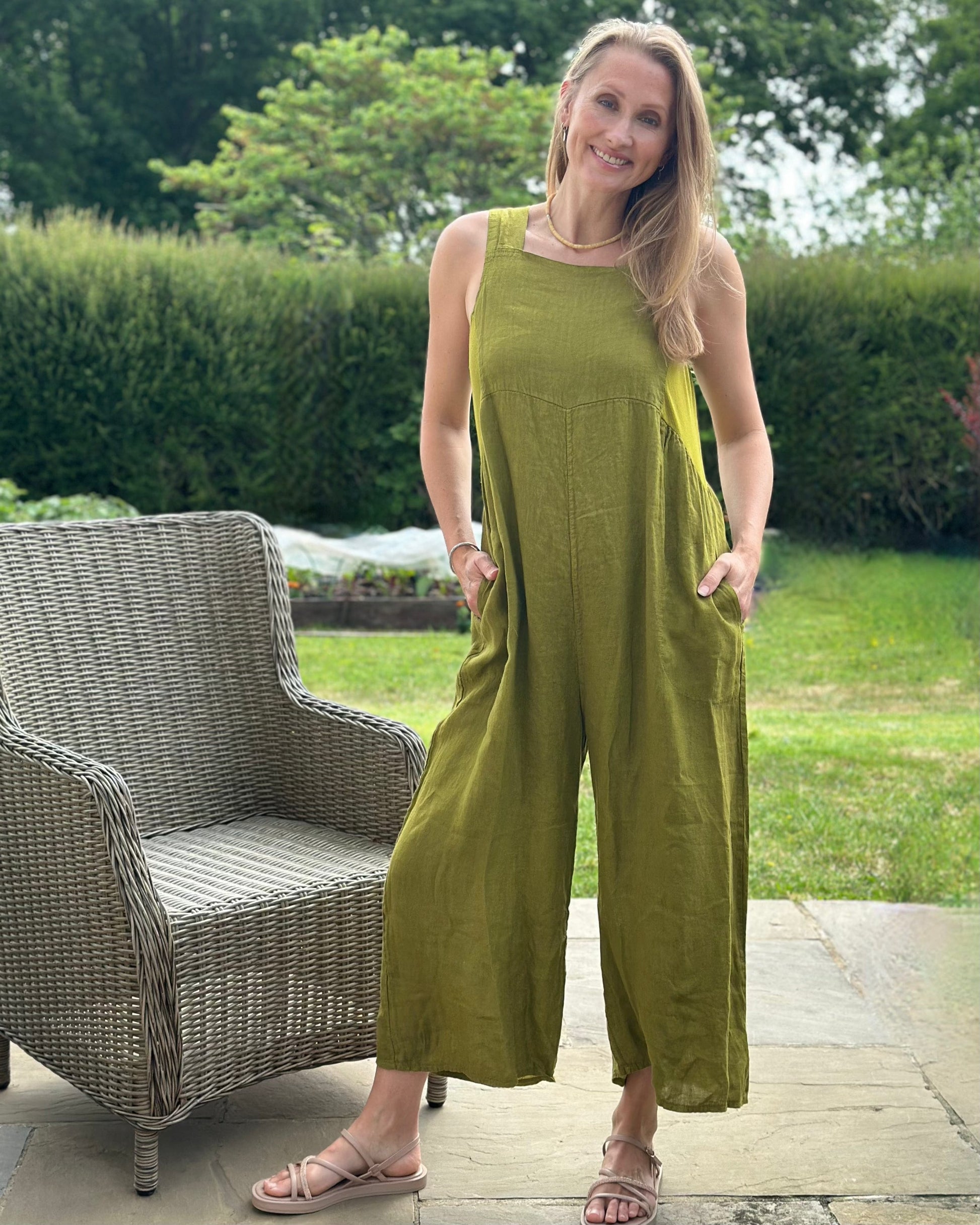 clothing Linen Zip Back Dungarees - Olive Green