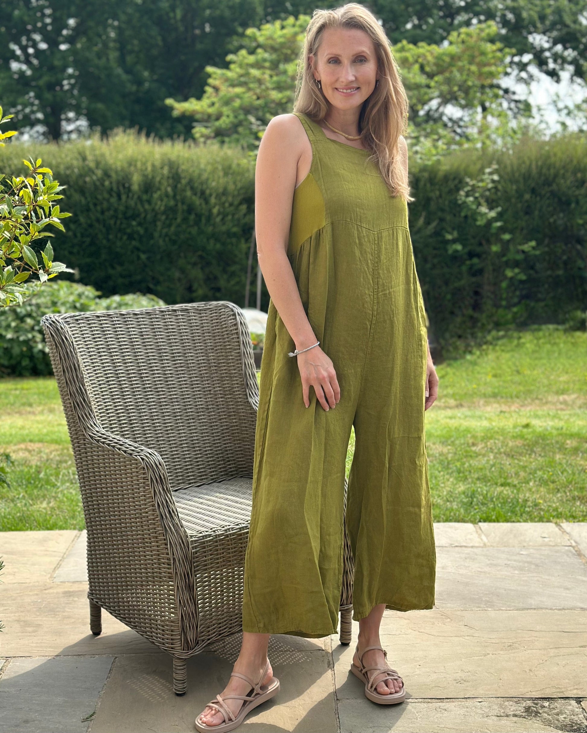 clothing Linen Zip Back Dungarees - Olive Green