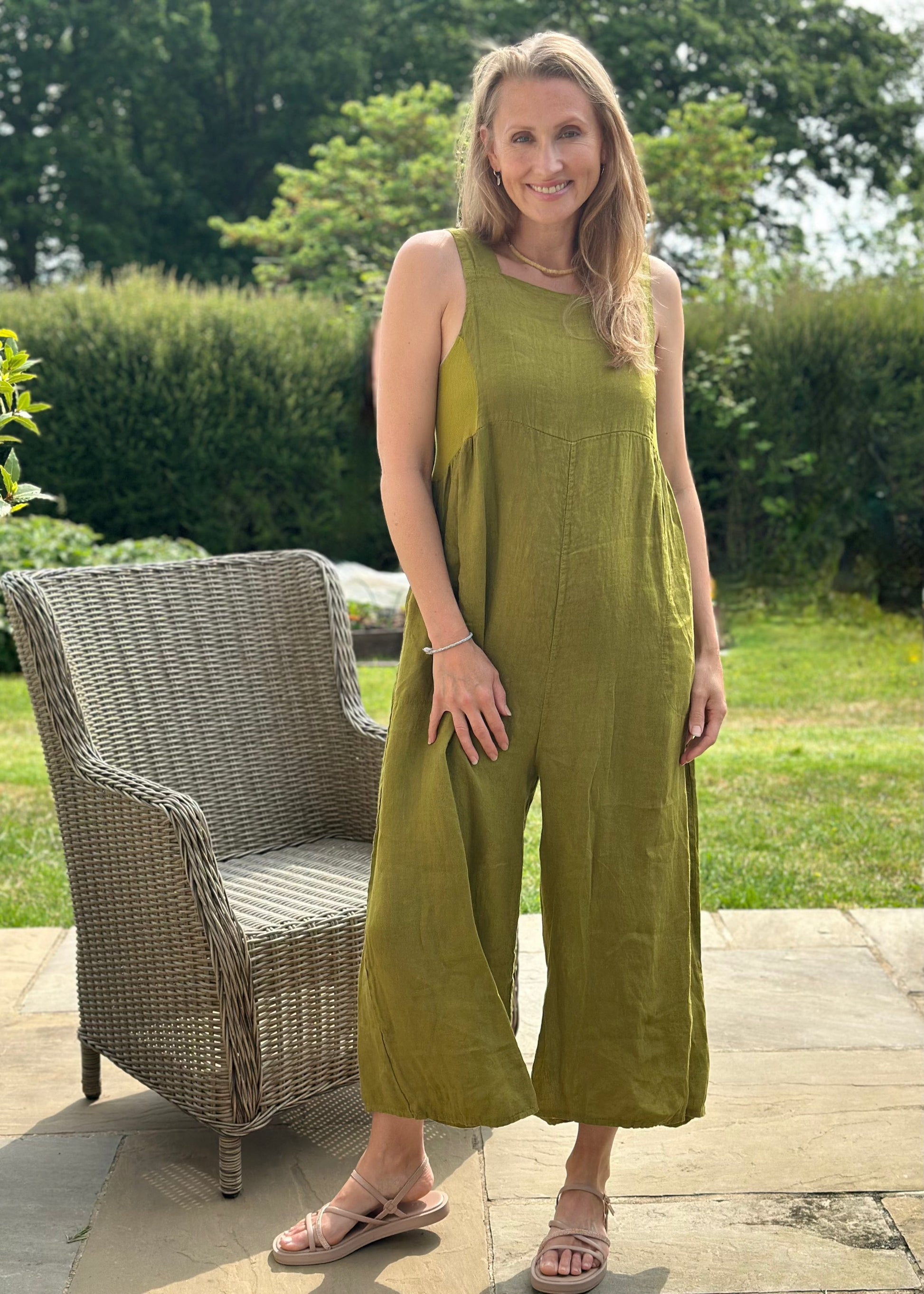 clothing Linen Zip Back Dungarees - Olive Green