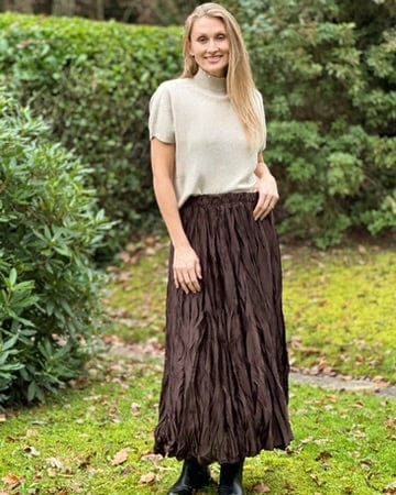 clothing Long Crinkle Satin Skirt - Chocolate Brown