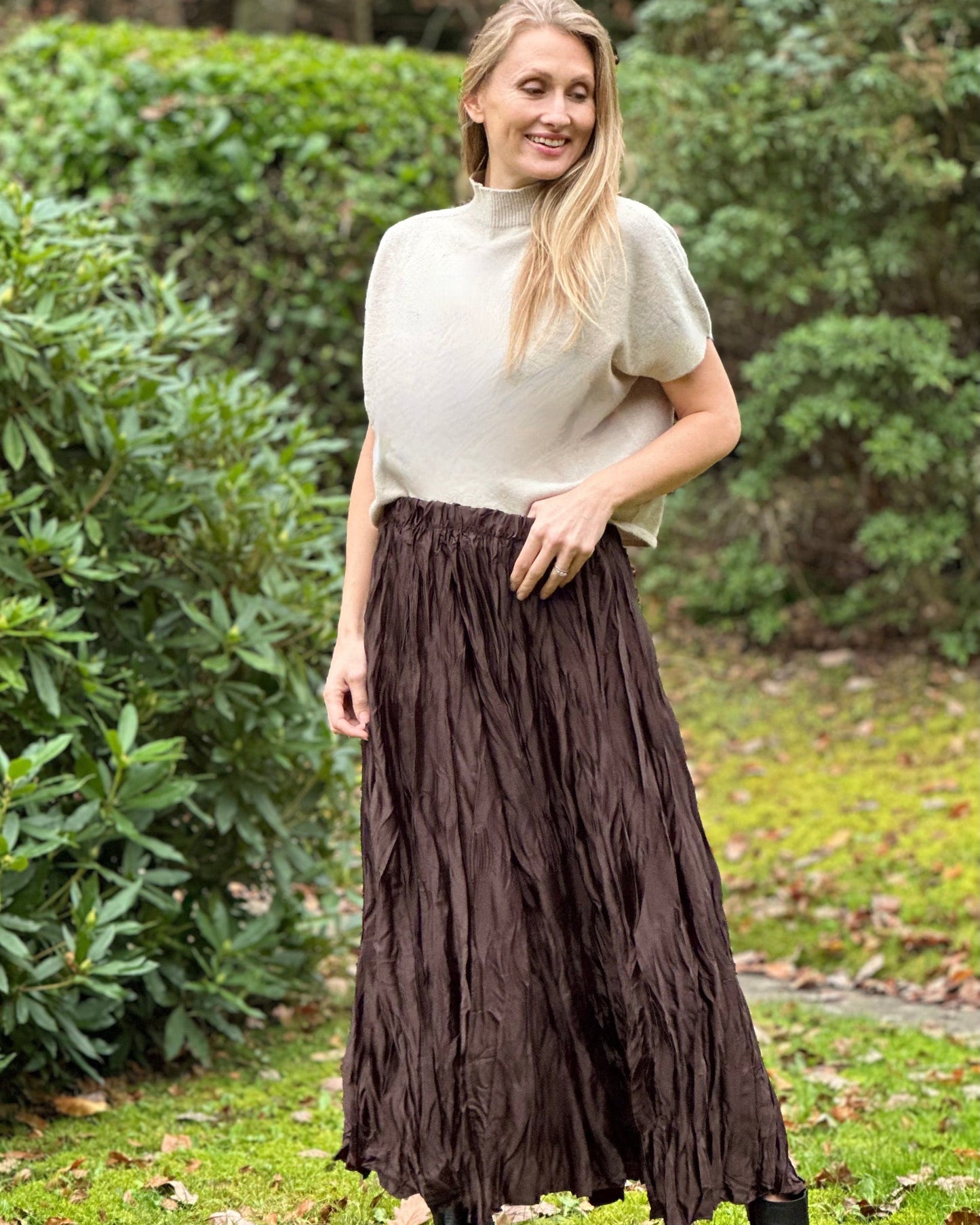 clothing Long Crinkle Satin Skirt - Chocolate Brown