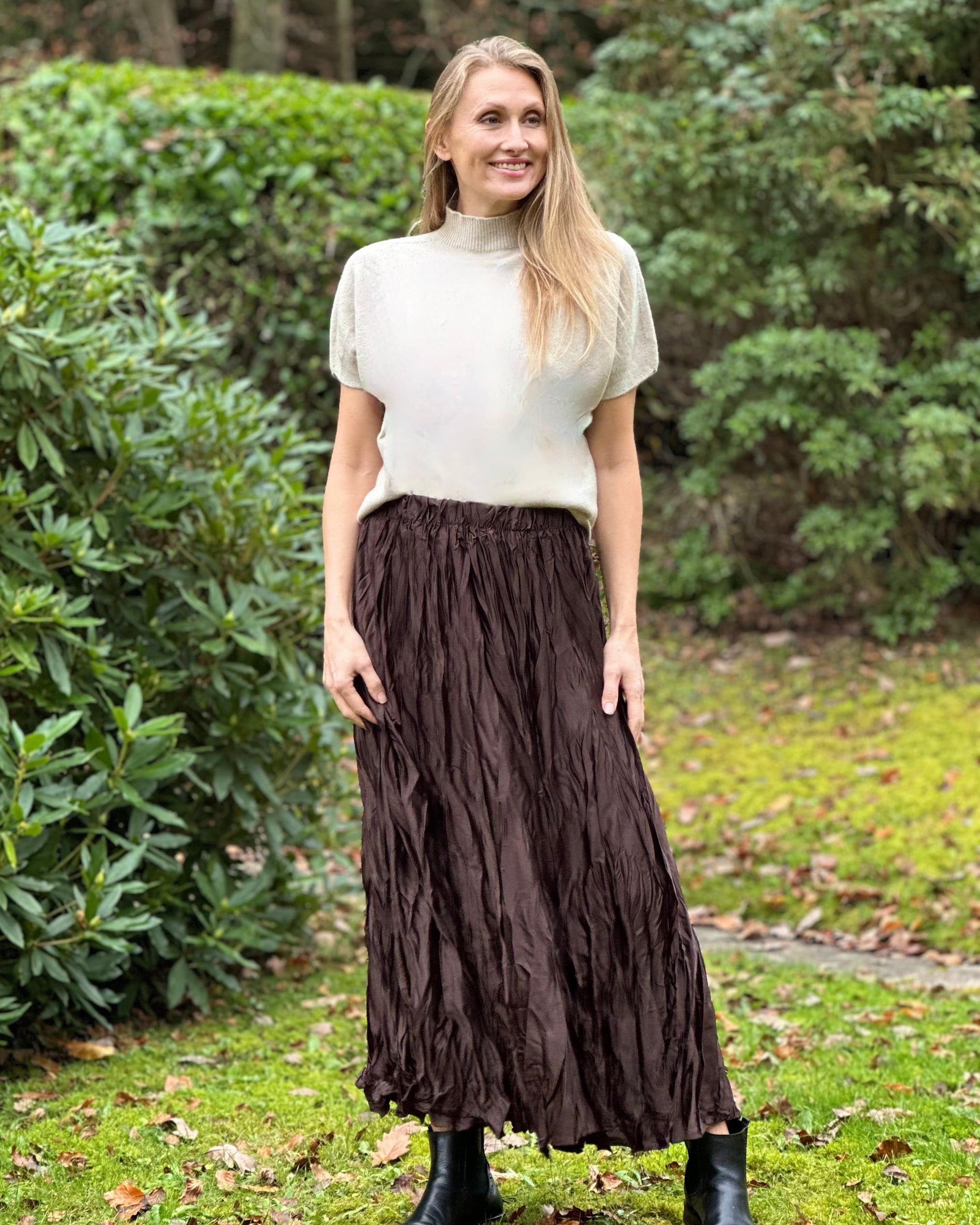 clothing Long Crinkle Satin Skirt - Chocolate Brown