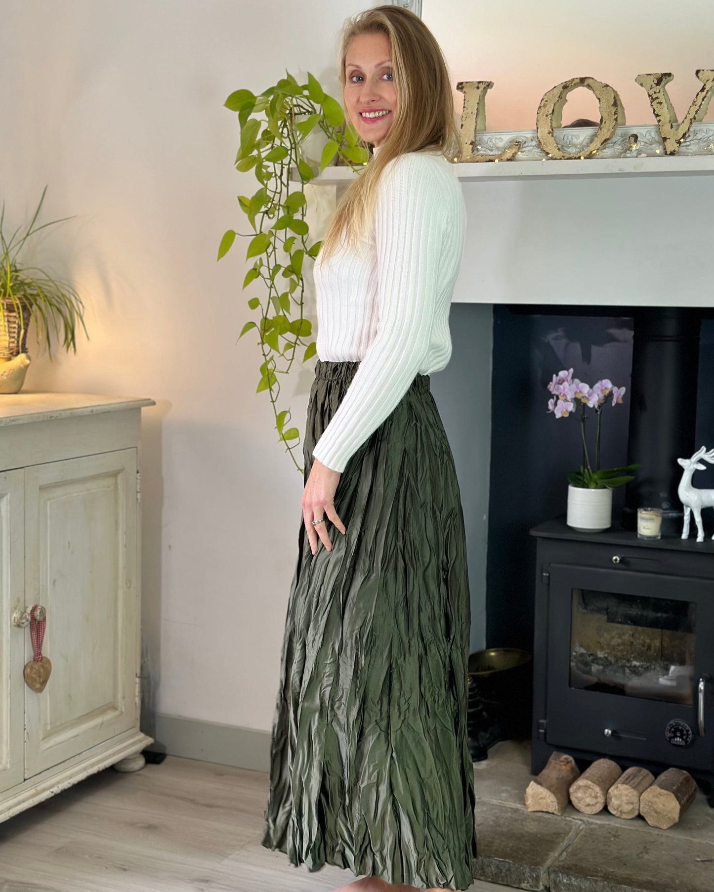 clothing Long Crinkle Satin Skirt - Khaki