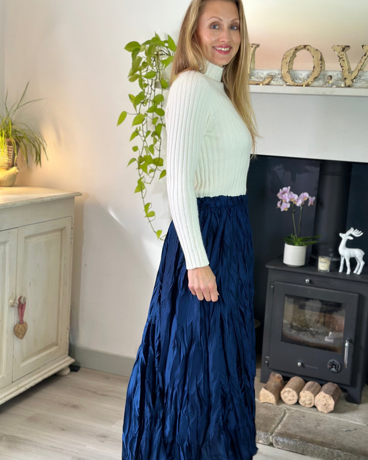 clothing Long Crinkle Satin Skirt - Navy