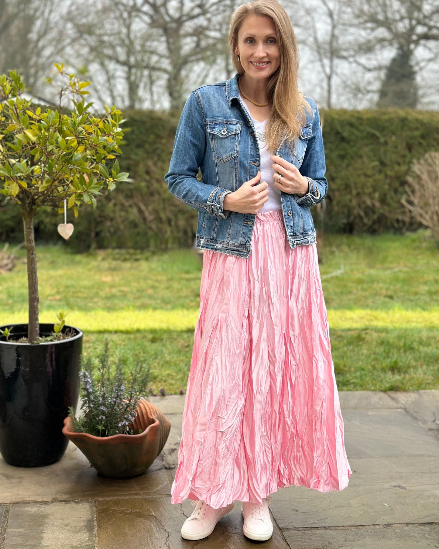 clothing Long Crinkle Satin Skirt - Pink